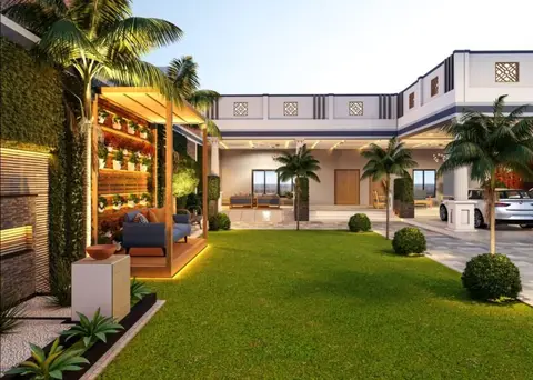 Night-lit villa exterior with pergola, palms and lawn — luxury landscaping, Dubai