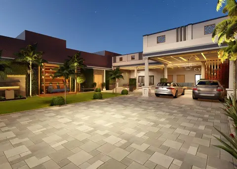 Villa driveway & entrance lit at night — Green Heaven Landscape project photo, Dubai
