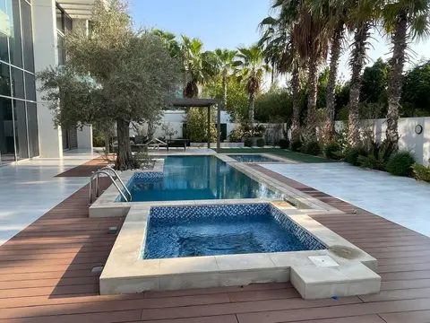 Pool and jacuzzi with timber deck, olive tree and palms — Dubai villa courtyard